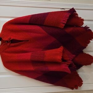 Vintage 100% Wool Red  Plaid Poncho